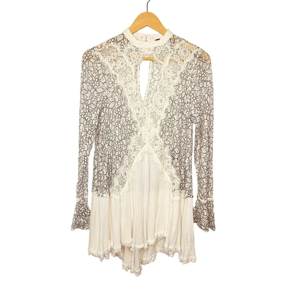 Free People Tell Tale Heart Tunic Womens Small Ivory Black Lace Boho Cottagecore